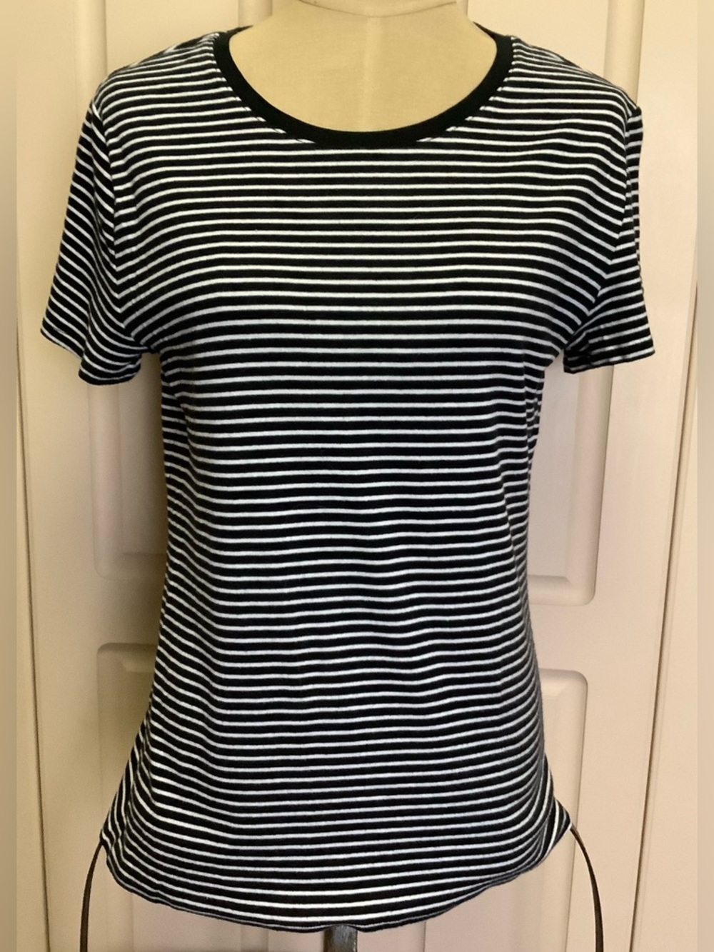 Faded Glory Shirt Top-Black White Stripe-Crew Neck-Short Sleeve-Cotton Blend-XL